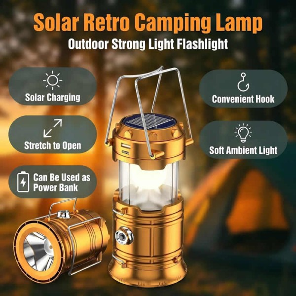 Waterproof Solar Camping Lantern Power Bank USB Rechargeable LED Tent Light Portable Emergency Flashlight Outdoor Hiking