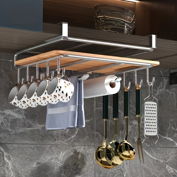 Compact 1PC Stainless Steel Hanging Kitchen Storage Rack Hooks Paper Towel Utensils Holder Cutting Board Shelf