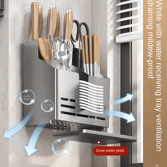 Rust-resistant kitchen knife holder rack wall hanging cutter chopstick cage tube stainless steel