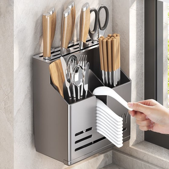 Rust-resistant kitchen knife holder rack wall hanging cutter chopstick cage tube stainless steel
