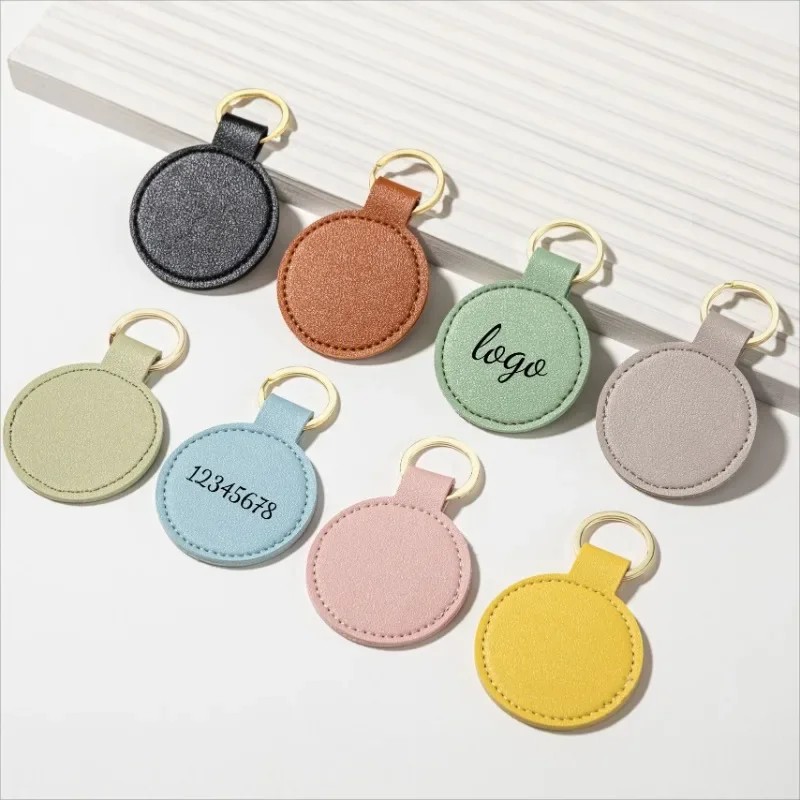 Secure Grip Laser Engrave Logo Round PU Leather Keychain Personalize Name Room Number Car Keyring Bag Pendant Custom Key Chain Holder