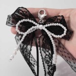 Collapsible Leopard Print Ribbon Bow Keychain Lace Imitation Pearl Fashion Design Charm Bag Phone Chain Hanging Accessories