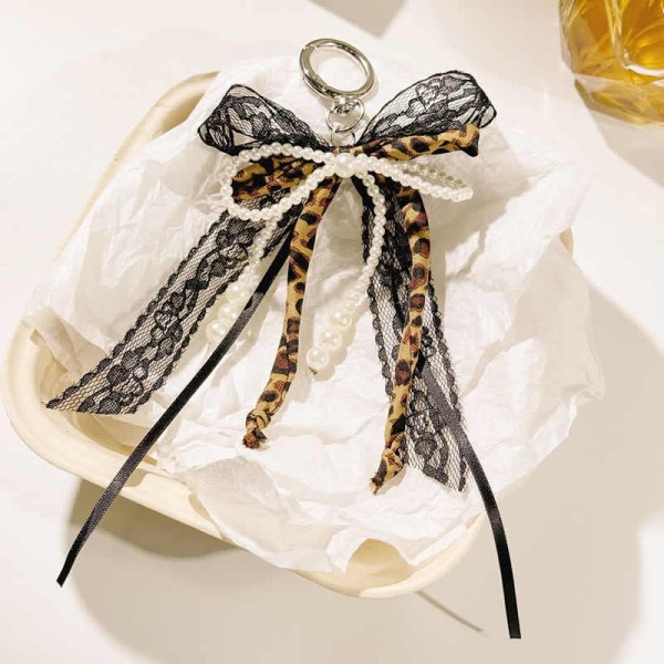 Collapsible Leopard Print Ribbon Bow Keychain Lace Imitation Pearl Fashion Design Charm Bag Phone Chain Hanging Accessories