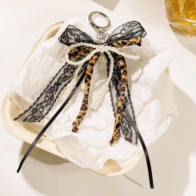 Collapsible Leopard Print Ribbon Bow Keychain Lace Imitation Pearl Fashion Design Charm Bag Phone Chain Hanging Accessories