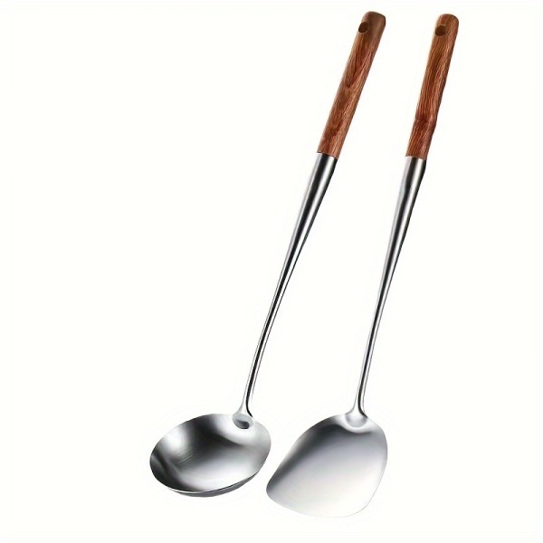 Bpa-free Stainless Steel Extended Spoon-Potula Rosewood Handle Kitchen Cooking Utensils Heat Resistant Long Spatula-Spoon Set