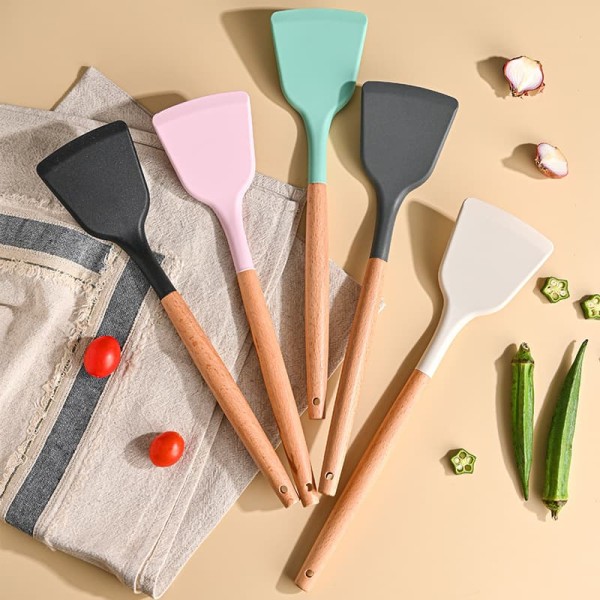 Dishwasher Safe Non-Stick Silicone Spatula Wooden Turner Pancakes Frying Pan Shovel Meat Egg Scraper Turners Food Lifters Kitchen Cooking Tool