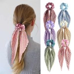 Quick Dry Cute Bowknot Elastic Hair Tie Scrunchies Accessory Fashion Pleated Patterns Long Ribbon Bands Bow Ponytail Orn