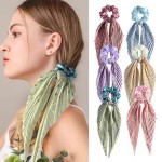 Quick Dry Cute Bowknot Elastic Hair Tie Scrunchies Accessory Fashion Pleated Patterns Long Ribbon Bands Bow Ponytail Orn