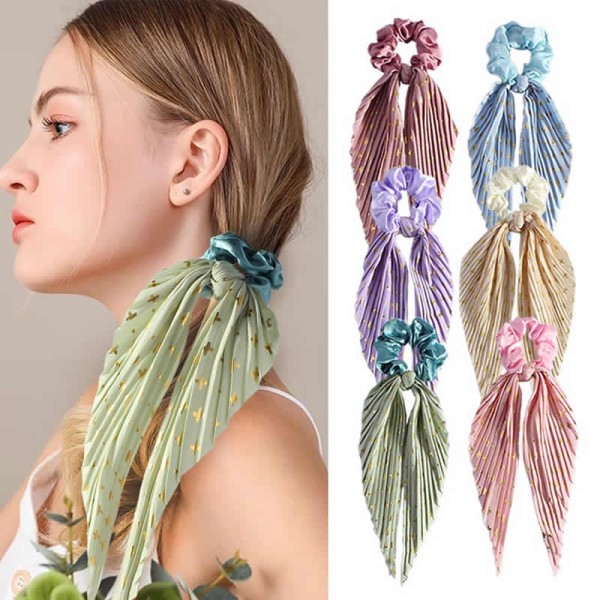 Quick Dry Cute Bowknot Elastic Hair Tie Scrunchies Accessory Fashion Pleated Patterns Long Ribbon Bands Bow Ponytail Orn