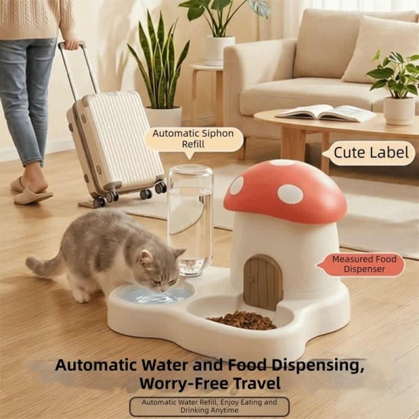 Premium Mushroom Pet Automatic Feeder Large Capacity Gravity Refill Cat Water Dispenser Moisture-proof Dry Wet Separation