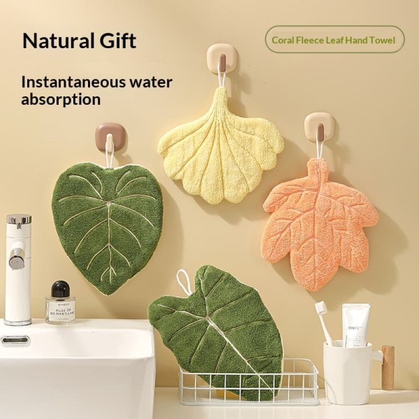 Premium Quality Leaf Hanging Towel Set Coral Fleece Thick Absorbent Kitchen Hand Bathroom Household Use