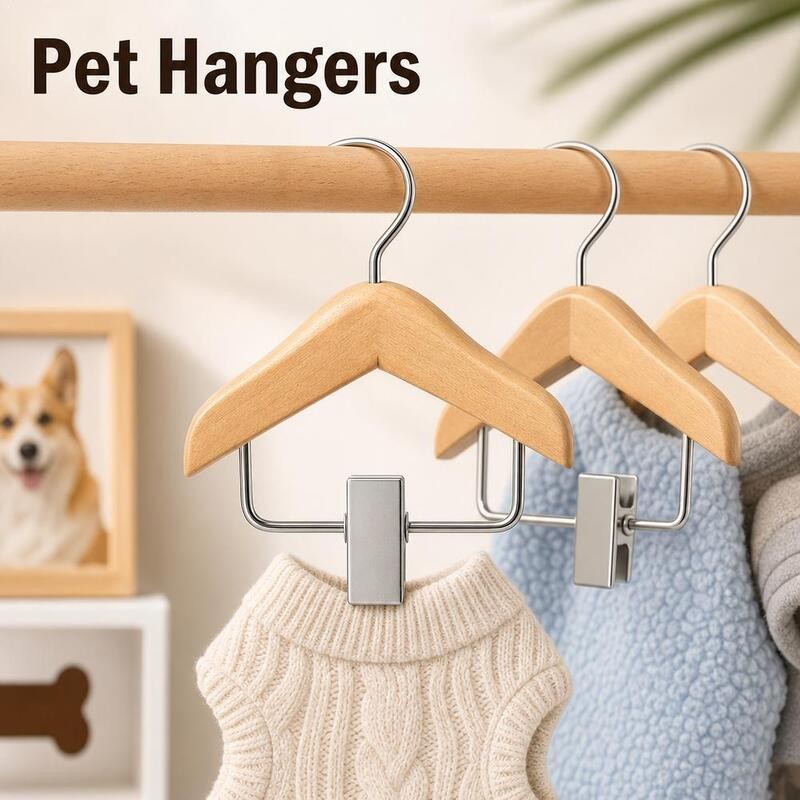 Compact Mini Wooden Hangers Stainless Steel Clips Space-Saving Organizer Pet Clothing Accessories Ideal Small Items