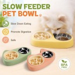 Stylish 2-in-1 Pet Slow Feeder Bowl Double Stainless Steel Bowls Anti-Choking Food Water Dogs Cats