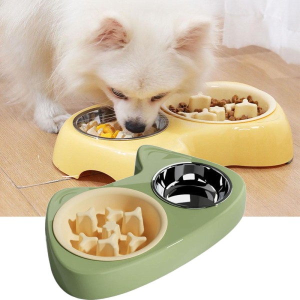 Stylish 2-in-1 Pet Slow Feeder Bowl Double Stainless Steel Bowls Anti-Choking Food Water Dogs Cats