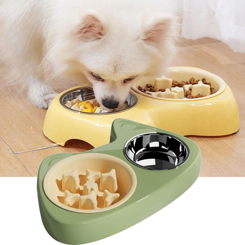 Stylish 2-in-1 Pet Slow Feeder Bowl Double Stainless Steel Bowls Anti-Choking Food Water Dogs Cats
