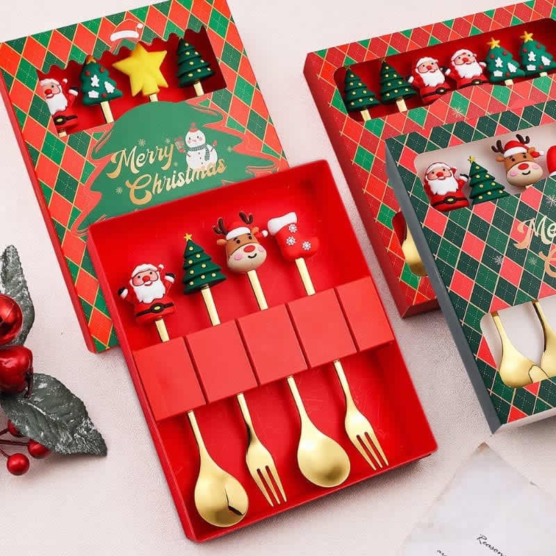 Non-toxic Christmas Decorations Home Table Decor Stainless SpoonsFork Cutlery Set Elk Xmas Tree Year