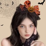 Premium Halloween Pumpkin Bow Headband Orange Spider Web Bat Black Polka Dot Tulle Hair Band Accessory Party Cosplay