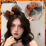 Premium Halloween Pumpkin Bow Headband Orange Spider Web Bat Black Polka Dot Tulle Hair Band Accessory Party Cosplay