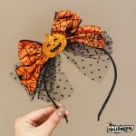 Premium Halloween Pumpkin Bow Headband Orange Spider Web Bat Black Polka Dot Tulle Hair Band Accessory Party Cosplay