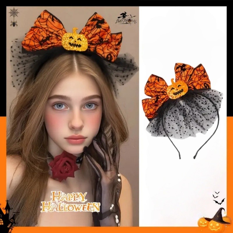 Premium Halloween Pumpkin Bow Headband Orange Spider Web Bat Black Polka Dot Tulle Hair Band Accessory Party Cosplay