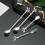 Versatile Stainless Steel Water Cup Stirring Spoons Leaf Shape Golden Silver Coffee Spoon Dinnerware Long Handled Dessert Fork