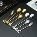 Versatile Stainless Steel Water Cup Stirring Spoons Leaf Shape Golden Silver Coffee Spoon Dinnerware Long Handled Dessert Fork
