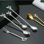 Versatile Stainless Steel Water Cup Stirring Spoons Leaf Shape Golden Silver Coffee Spoon Dinnerware Long Handled Dessert Fork