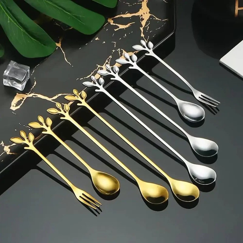 Versatile Stainless Steel Water Cup Stirring Spoons Leaf Shape Golden Silver Coffee Spoon Dinnerware Long Handled Dessert Fork