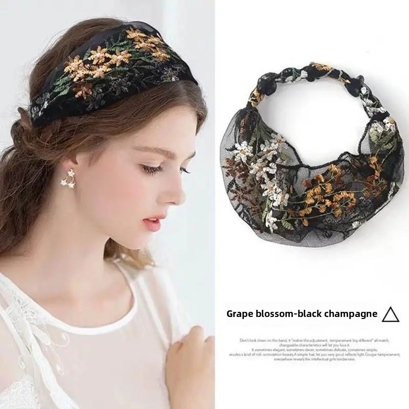 Breathable Floral Lace Mesh Headband Wide Turban Hair Scarf Cover Gray Breathable Face Wash Band Daily Headwear