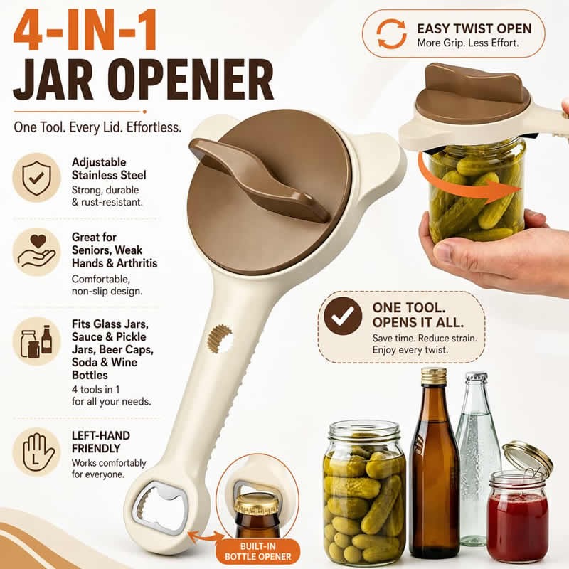 High Quality 4-in-1 Jar Opener Adjustable Stainless Steel Non-Slip Seniors Weak Hands Arthritis Left-Handed Fits Glass Sauce