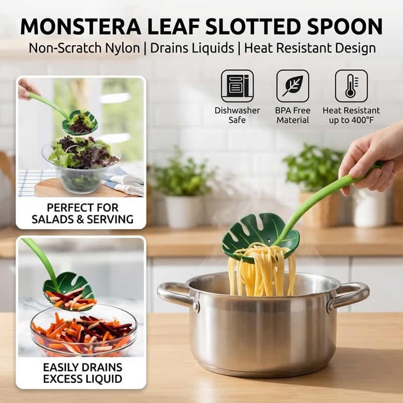 Dishwasher Safe Jungle Leaf Silicone Spaghetti Spoon Long Handle Noodle Colander Strainer Kitchen Cooking Gadget
