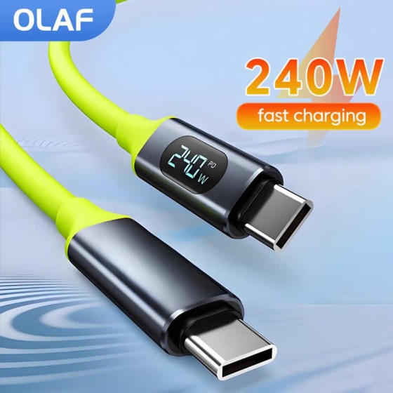 360 Degree Rotation PD240W Fast Charging Cable Digital Display Type-C Quick Charge Dual Port Universal