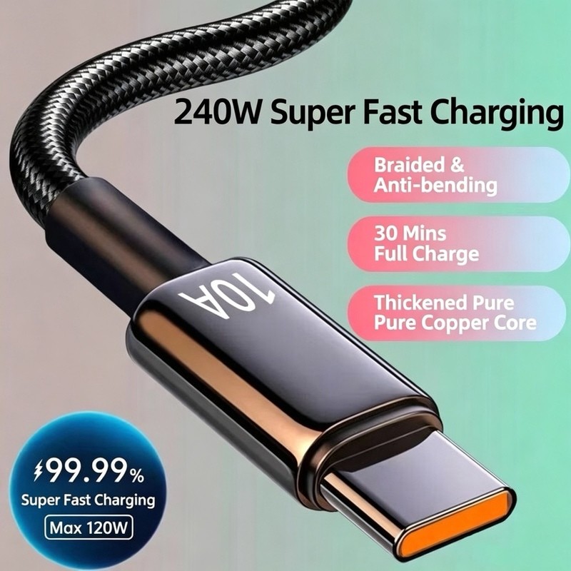 Led 10A 240W Super Fast Charging Type-C Cable USB Data Transfer Cord 1.5m 3m Lengths