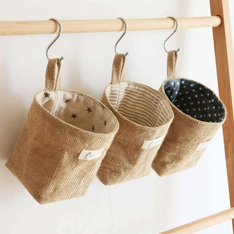 Space-saving Jute Cotton Linen Storage Bag Desktop Basket Hanging Pocket Organizer Toy Cosmetic Sundries Box Decor
