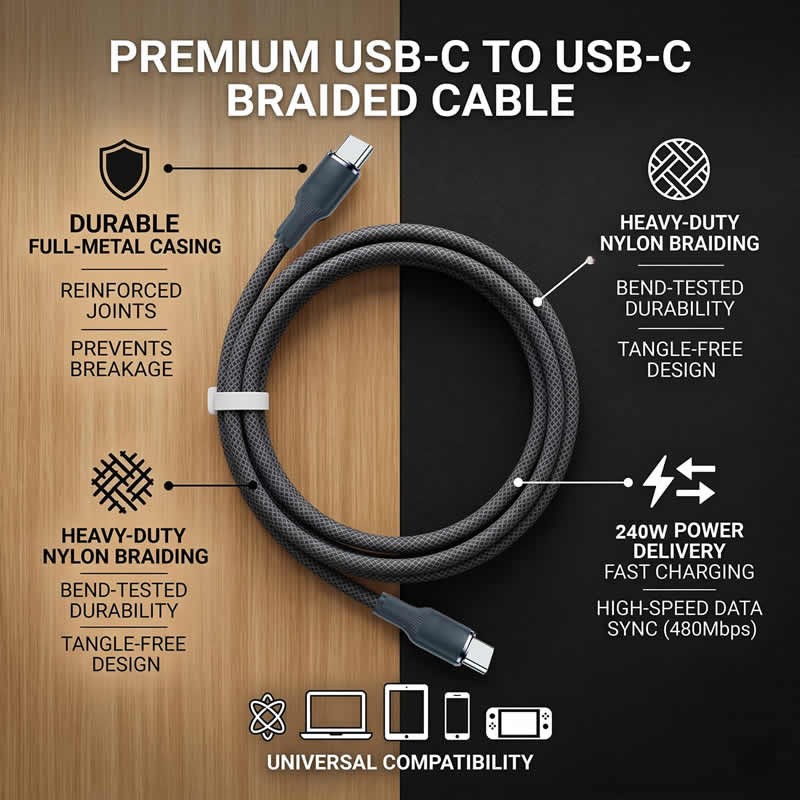Lightweight Braided 240W Fast Charge PD Cable Quick Charging USB-C Data Cable 1m