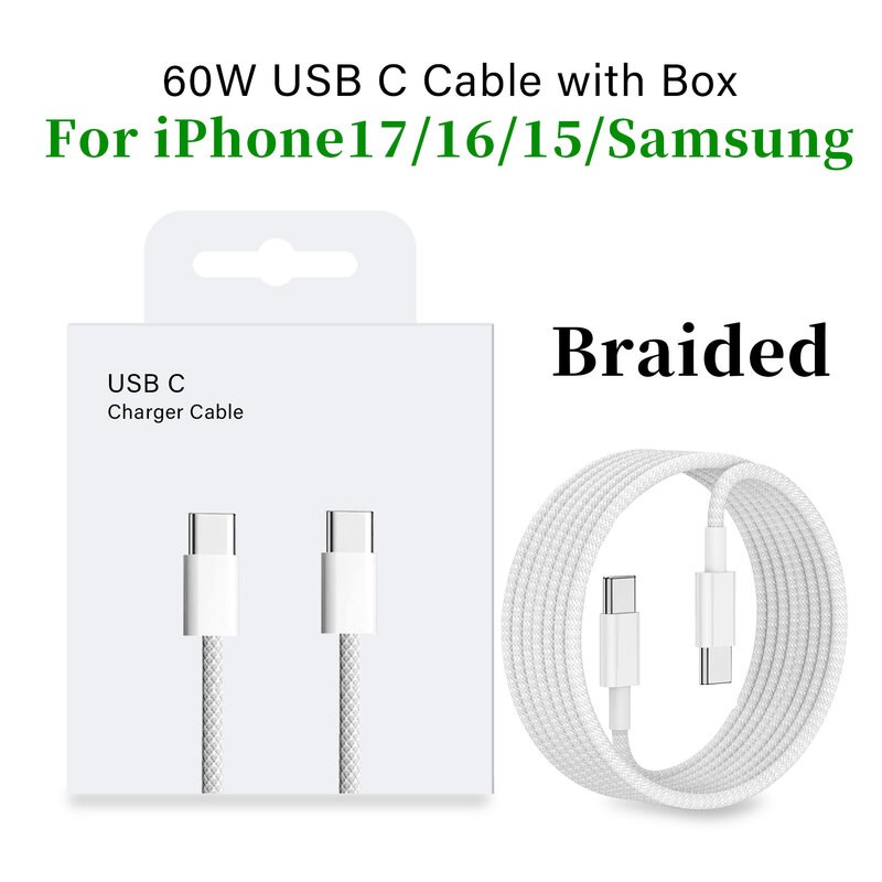 USB-C Fast Charger Cable PD 60W Type-C Weaving Charging Data Line Box