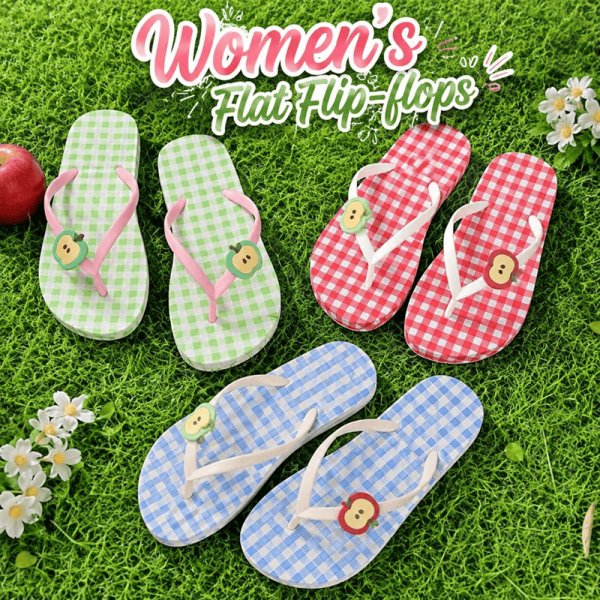 Soothing Cute Non-slip Flat Flip-flops Plaid Color-blocked Women's Sandals Comfortable Lightweight Apple Slippers Summer Beach