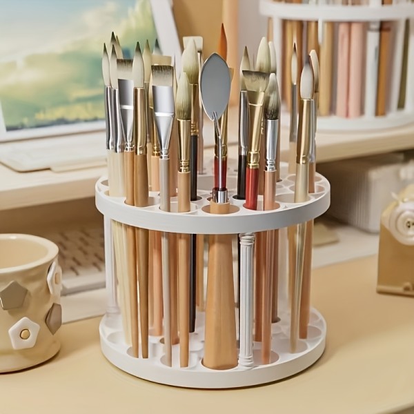 Moisture-proof 360° Rotating Brush Holder White Plastic Organizer Glaze Finish Space-Saving Design Art Brushes Pens Makeup Tools