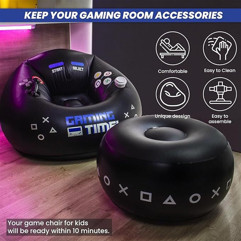 Multi-functional Creative Esports Game Inflatable Circular Sofa Chair Cup Holder Side Pockets Music Karaoke Black Bean Bag