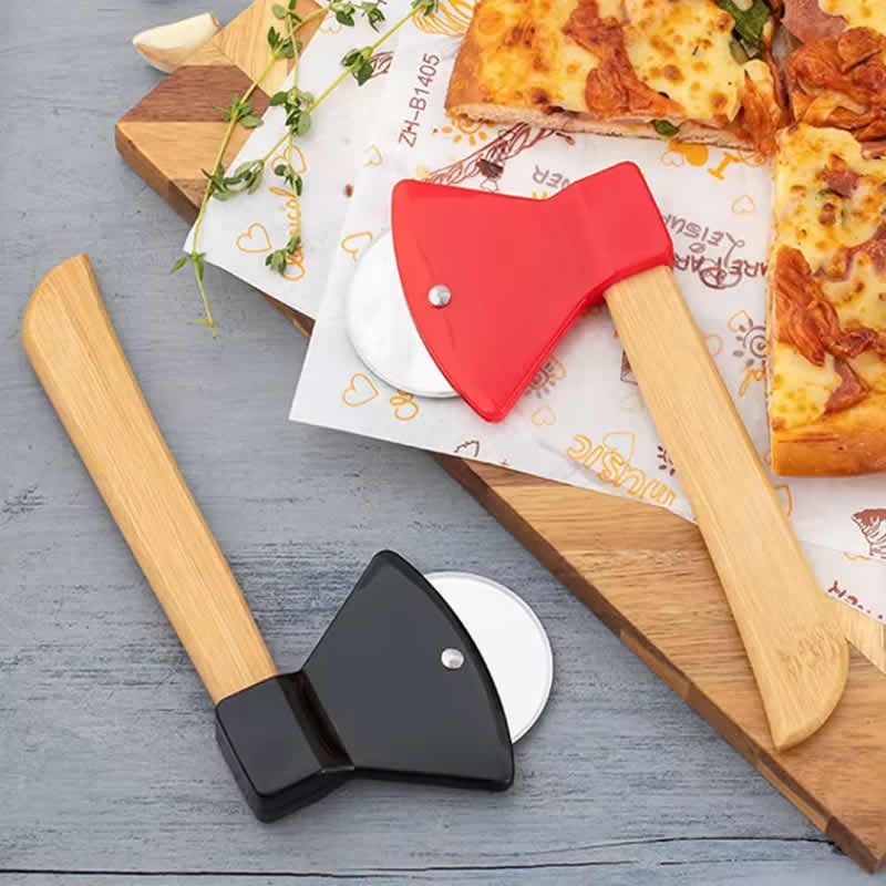 Multi-functional Axe Shape Stainless Steel Pizza Cutter Wooden Handle Wheel Slicer Multifunctional Kitchen Tool Waffle Cutting