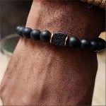 Lightweight Elastic Adjustable Mens Bracelet 8mm Black Onyx Lava Stone Beads Men Charm Cord