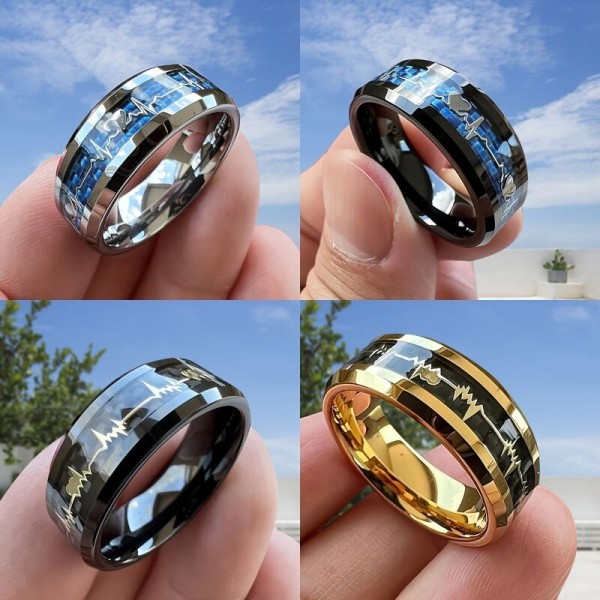 Adjustable 8MM Unique Engagement Heart Line Stainless Steel Rings Carbon Fiber Inlaid Personality Wedding Band Jewelry Party