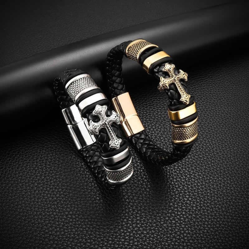 Brilliant Luxury Mens Bracelet Cross Titanium Steel Vintage Fashion Jewelry Leather Braided Trend Personality Selling Bangles