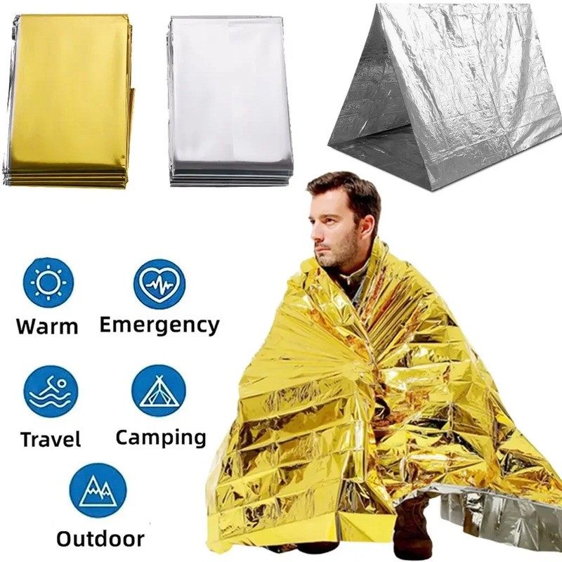 Reliable Emergency Thermal Poncho Blanket Lightweight Folding Water Resistant Windproof Sunshade Reusable First Aid Camping Mat Pad Cover
