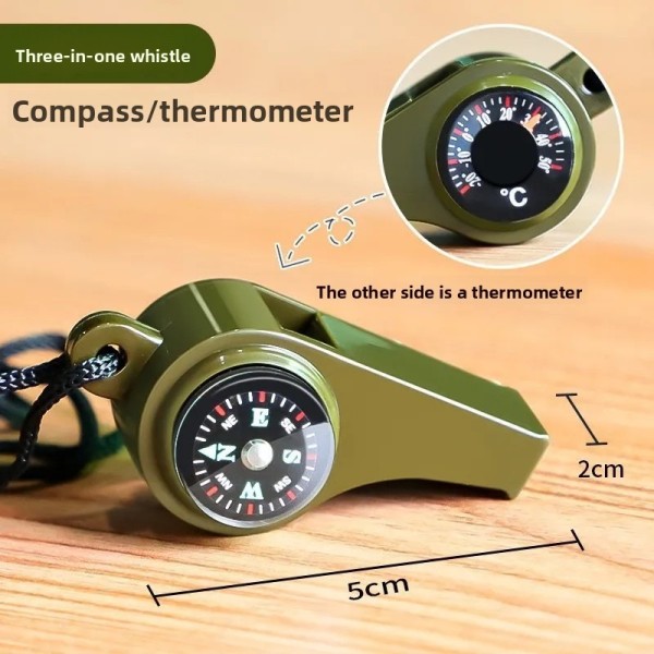 Space-saving Army Green 3-in-1 Camping Hiking Emergency Survival Whistle Compass Thermometer Outdoor Tools