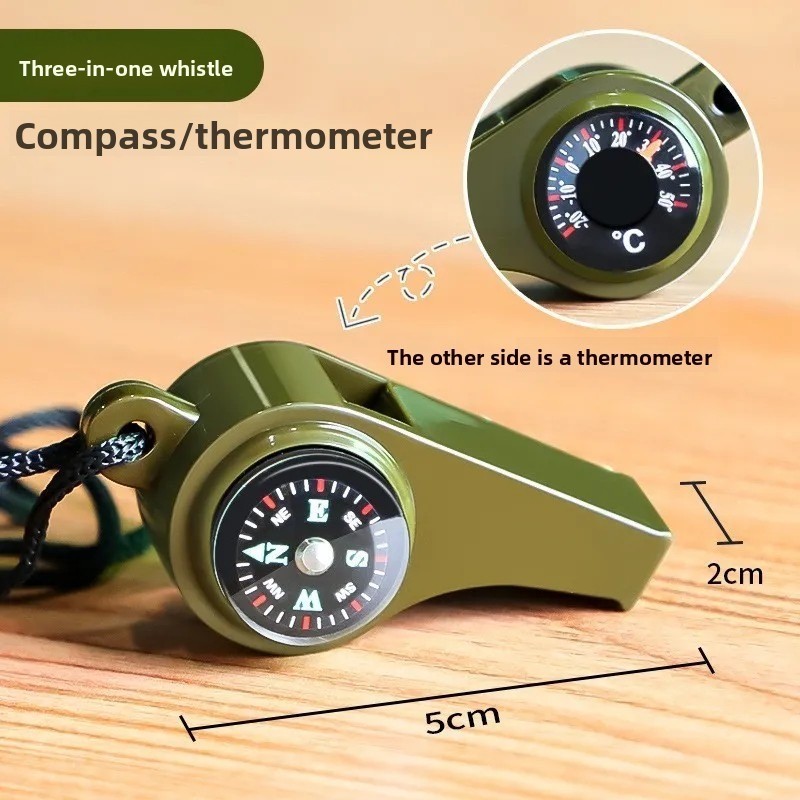 Space-saving Army Green 3-in-1 Camping Hiking Emergency Survival Whistle Compass Thermometer Outdoor Tools