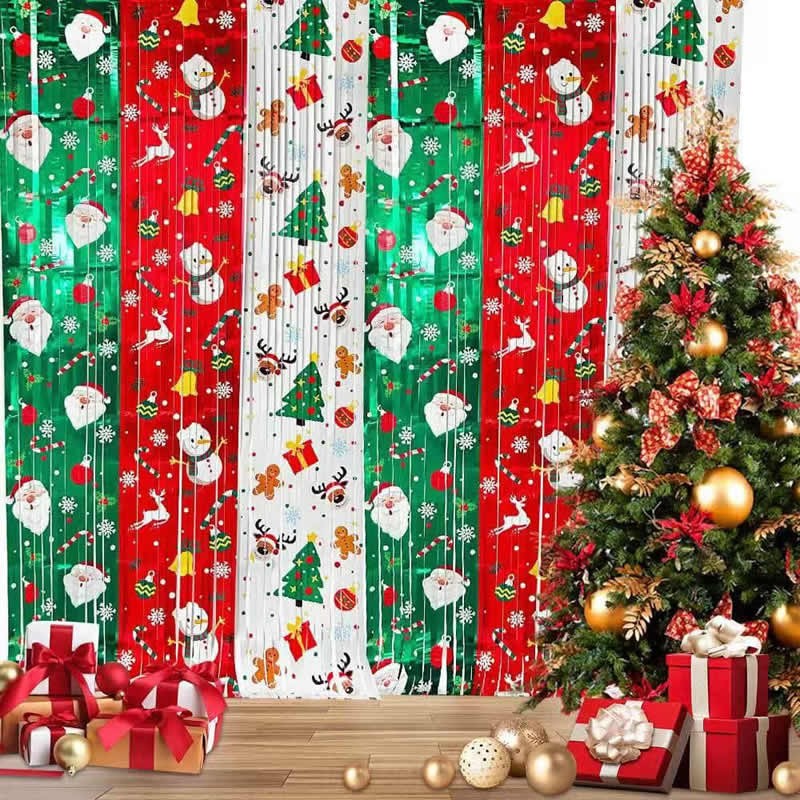 Safe 1x2M Christmas Rain Silk Curtain Xmas Party Background Decoration Hanging Santa Claus Snowman Tree Ribbon