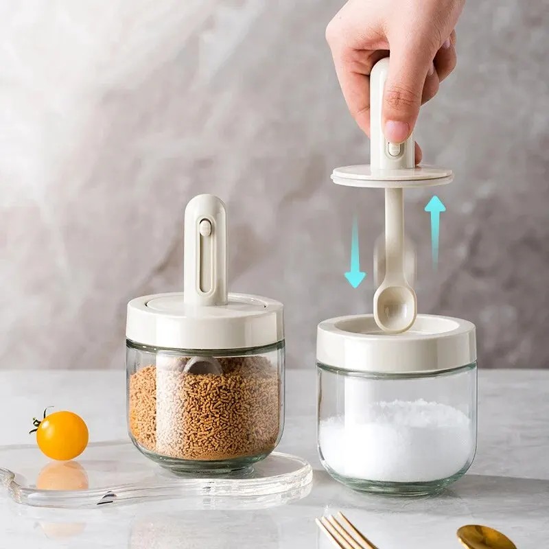 Heat Resistant Kitchen Glass Seasoning Bottle Retractable Spoon Multifunctional Leak Proof Moisture-Proof Salt Storage Box