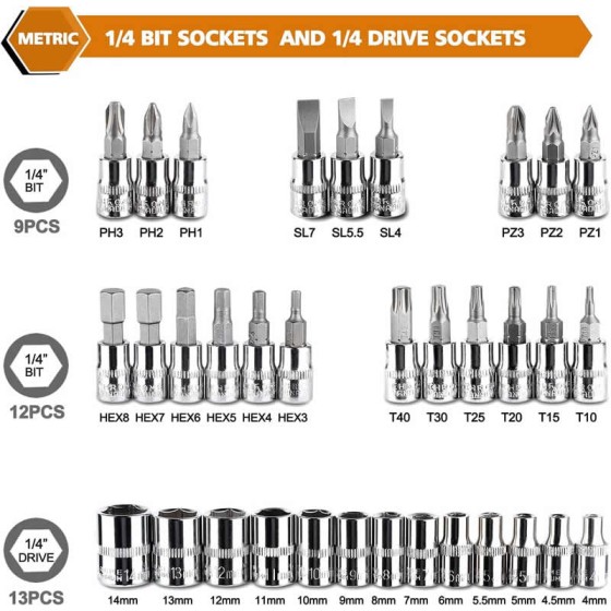 Premium FOCSE 46 Pieces Inch Drive Socket Ratchet Wrench Set Bit Metric Extension Bar Auto Repairing