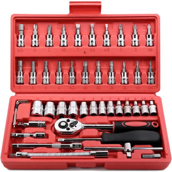 Premium FOCSE 46 Pieces Inch Drive Socket Ratchet Wrench Set Bit Metric Extension Bar Auto Repairing